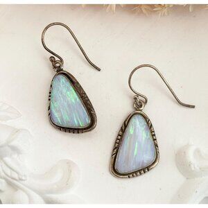 Opal Accented Triangular Sterling Silver 925 Minimalist Vintage Earrings